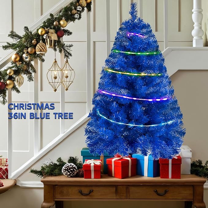Blue 3ft Christmas Tree with Lights, Small 36inch Artificial Tree Mini Table Top Decorations, Xmas Desk Tree with 80 Colored Lights, 200 Branch, Holiday Decor for Home,Indoor Office Tabletop