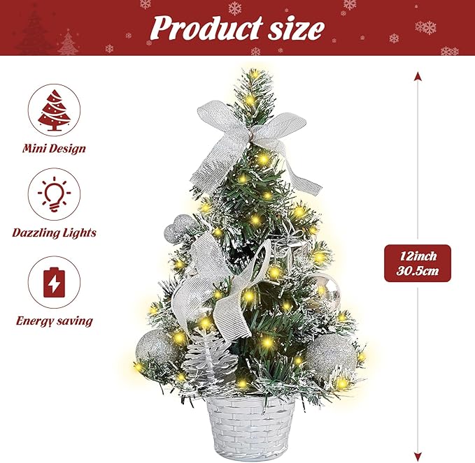 FR 12 Inch Tabletop Christmas Tree,Wintry Pine,Decorated with Pine Cones Berry Clusters,with LED Lights,for Desktop Centrepiece,Mantelpiece,Indoor DIY Christmas Decoration/Silver