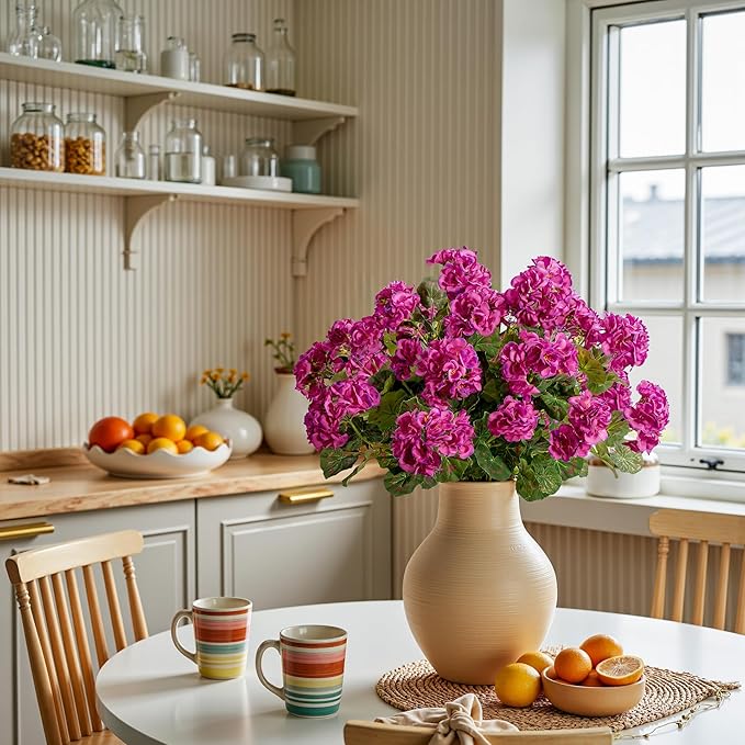 Artificial Geranium Flowers for Outdoors Geraniums Artificial Flowers Realistic Faux Geraniums for Outdoor Planters Silk Geranium Outdoor Fake Flowers Porch Home Kitchen Garden Decor(4PCS，Purple Red)