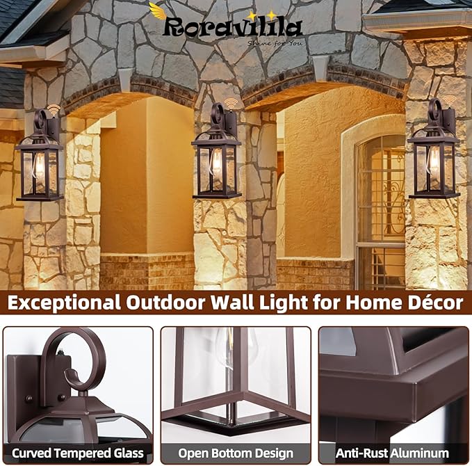 Dusk to Dawn Outdoor Lighting Oil Rubbed Bronze 2-Pack, 15 Inch Aluminum Anti-Rust Front Porch Lights with IP65 Clear Tempered Glass Exterior Light Fixtures for House Brown Carriage Lights