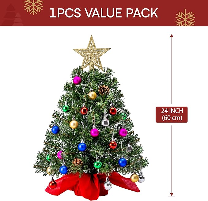 Joiedomi 24"/2FT Prelit Tabletop Christmas Tree with Warm Lights, Holly Berries, Pine Cones for Best Holiday Season Decorations Christmas Decoration Tree Decor for Indoor Xmas Tabletop Decor