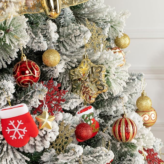 110Pcs Christmas Ball Ornaments Set, Assorted Red and Gold Christmas Ornaments for Xmas Tree, Shatterproof Plastic Baubles Hanging Decorations for Holiday/Party/Wedding