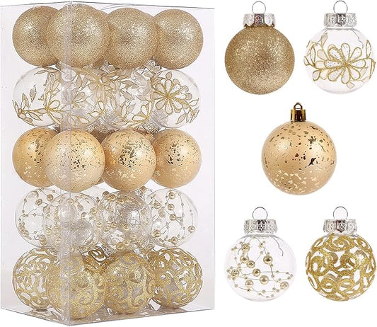 60mm/2.36inch Clear Christmas Ball Ornaments Set, 30ct Champagne Gold Christmas Ornaments Ball for Christmas Tree Decoration Shatterproof Transparent Baubles with Stuffed Decoration for Wedding Party