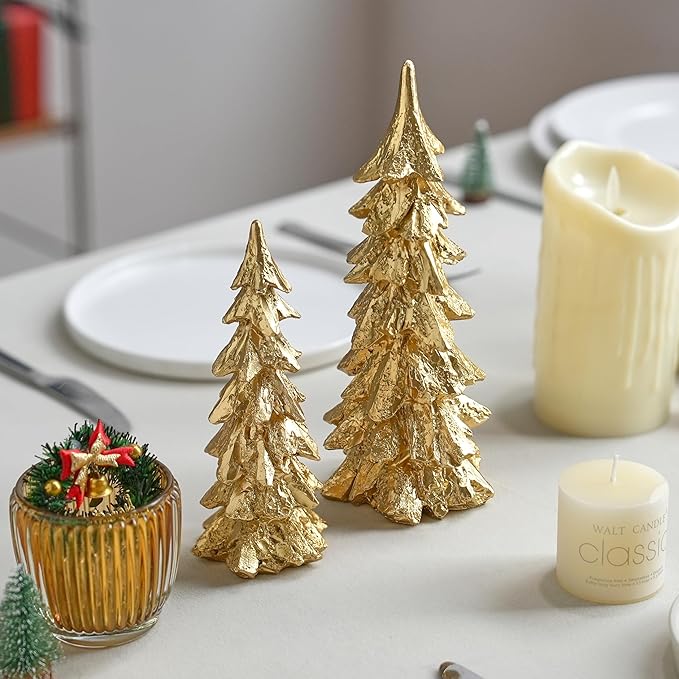 2Pcs Gold Christmas Tree Figurines, Resin Christmas Trees with Weathered Finish, Small Decorative Tabletop Trees for Mantel, Modern Holiday Home Decor for Living Room, Office, Festive Centerpiece