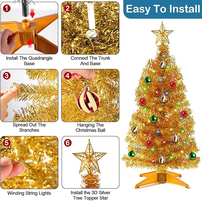 [ Remote Control & 12 Modes ] SURCVIO 3 Ft Christmas Tree with Timer 50 Four Color LED Lights DIY 15 Ball Ornaments Star Artificial Xmas Tree Indoor Outdoor Home Holiday Decorations (Gold)