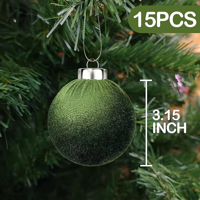 Green Velvet Ornaments for Christmas Tree 15 PCS, Big Neutral Flocked Christmas Bulbs Ornaments Set 3.15 Inch, Matte Suede Xmas Hanging Baubles Decorations (Sage Green)