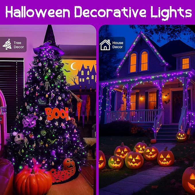 2-Pack 66FT 200 LED Extendable Halloween String Lights, Purple and Green Halloween Decorations Outdoor Indoor Tree Lights,13 Modes Plug in Mini Fairy Lights Waterproof with Timer and Memory Function