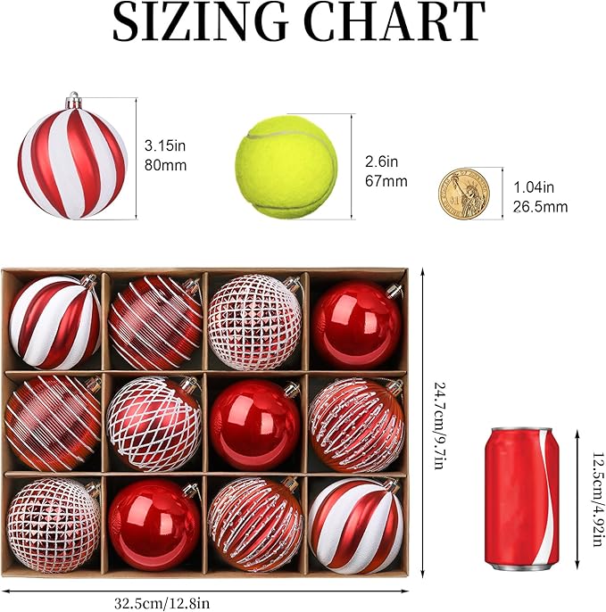 SHareconn 80mm Christmas Balls Ornaments,12PCS Colored Shatterproof Plastic Decorative Hanging Tree Decorations Baubles Set for Xmas Tree Decor Holiday Party Wedding Decoration with Lanyard, Red&White