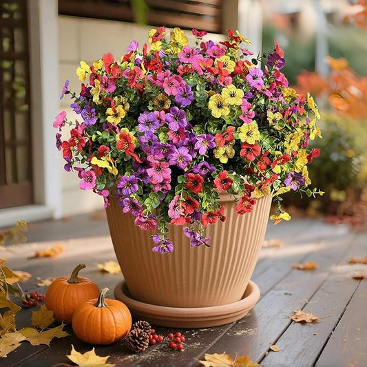 Artificial Flowers Outdoor UV Resistant Fake Plants, 12 Bundles Silk Daisy in Pots for Porch Patio Garden, Faux Potted Home Decor for Outside (Mix Pink, Red, Purple, Yellow)