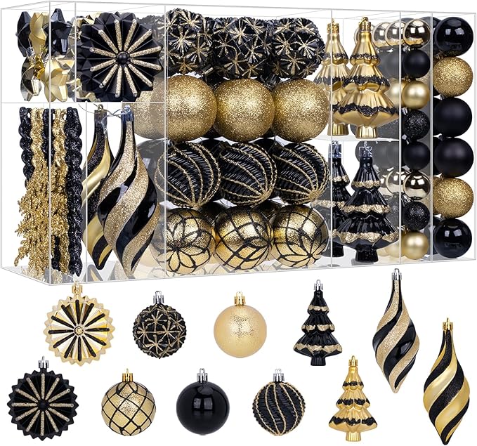 108 Pcs Christmas Ball Ornaments Set, Black and Gold Shatterproof Hand-Painted Hanging Bulbs Decoration for Xmas Tree, Wreath, Garland, Home Holiday Decor