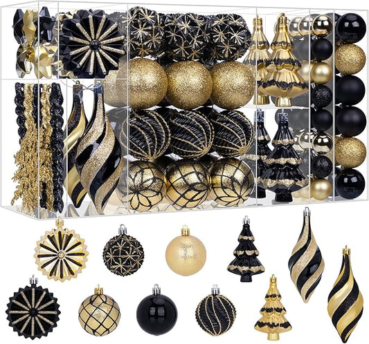 108 Pcs Christmas Ball Ornaments Set, Black and Gold Shatterproof Hand-Painted Hanging Bulbs Decoration for Xmas Tree, Wreath, Garland, Home Holiday Decor