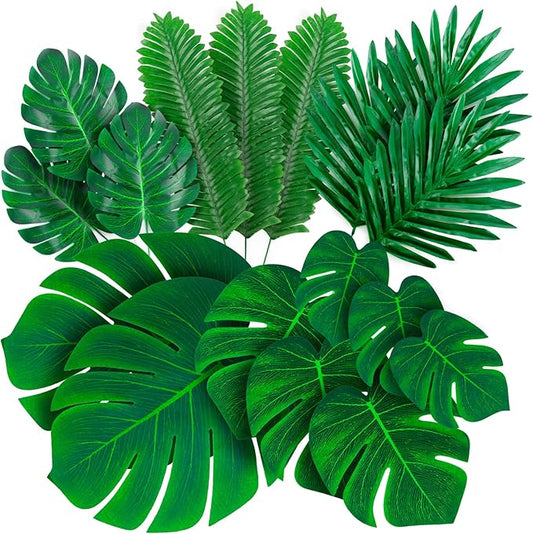 Decopom Palm Leaves Artificial Tropical Monstera-84Pcs 6 Kinds Large Small Green Fake Palm Leaf with Stems for Safari Jungle Hawaiian Luau Party Table Decoration Wedding Birthday Theme Party