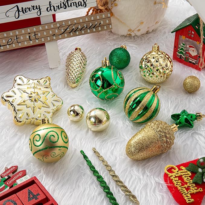 110Pcs Christmas Ball Ornaments Set, Assorted Green and Gold Christmas Ornaments for Xmas Tree, Shatterproof Plastic Baubles Hanging Decorations for Holiday/Party/Wedding