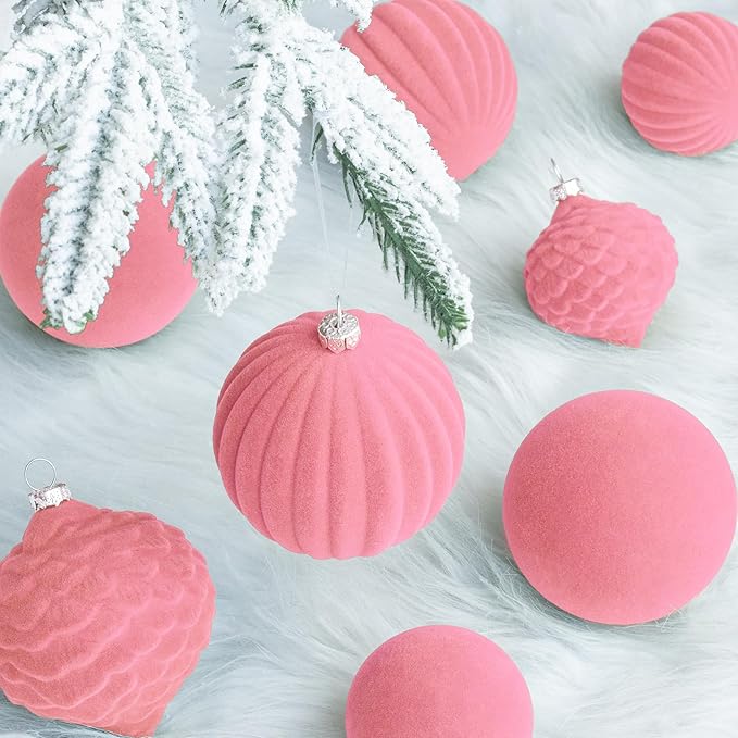 KI Store Velvet Christmas Balls Rose Pink 25pcs Flocked Christmas Tree Ornaments Assortment for Xmas Tree Holiday Decor