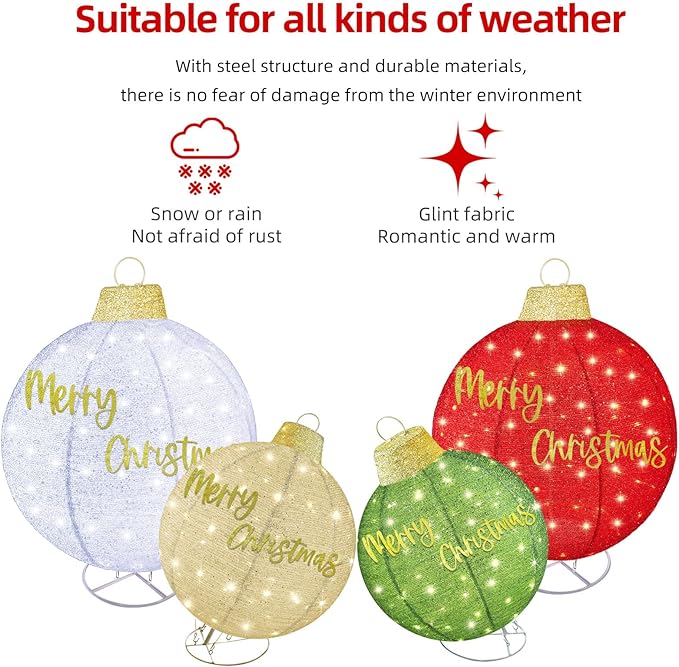 HOYECHI 4-Piece Oversized Christmas Ornament Set – Lighted Holiday Balls with 400 LEDs, 8 Lighting Modes, Waterproof Outdoor Yard Decorations - Red/Green/White/Yellow