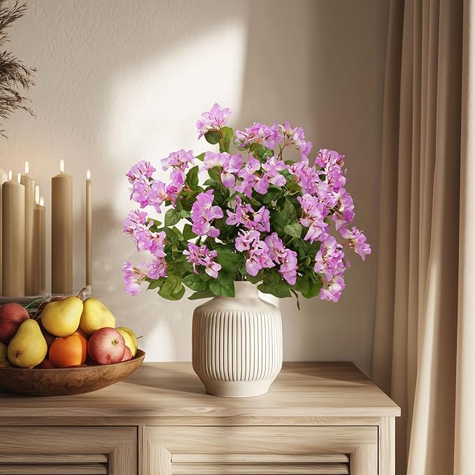 4 Pcs Artificial Flowers Bougainvillea Outdoor Artificial Plants Faux Flowers with Stems Silk Flowers for Wedding Porch Living Garden Decor(4PCS,White Purple)