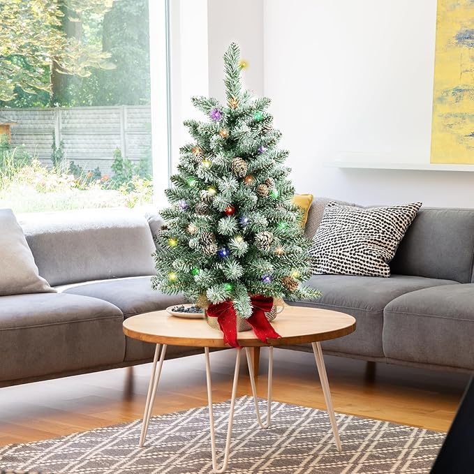2 ft Mini Christmas Trees with Red Bow Base, 25 F5 LED Lights, 24" Decorated Burlap Artificial Tabletop Christmas Trees with Flocked Pine Cone