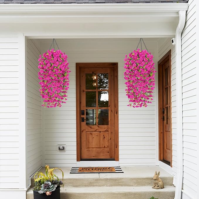 Rich and Eye-catching 5 PCS Artificial Hanging Flowers，Silk Morning Glory Faux Flowers with Eucalyptus Leaves,uv Resistant Fake Hanging Petunias Plants for Yard Decoration(Fuchsia)