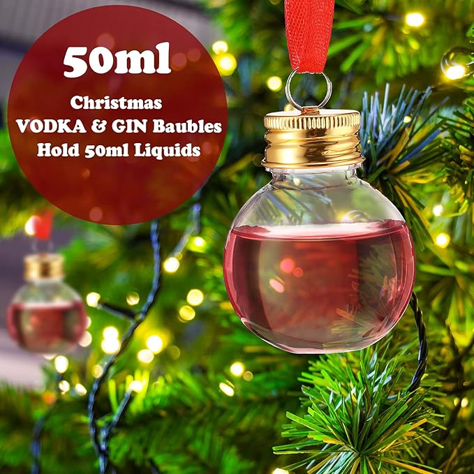 Patelai 18 Pcs Christmas Drink Balls Clear Shot Glass Ornaments Xmas Tree Fillable Ornaments Plastic Xmas Water Bottle Bulbs for Holiday Party Decorations (Round,50 ml)
