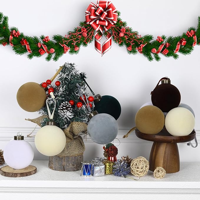 12 Pcs Velvet Christmas Balls Bulk Shatterproof Plastic Christmas Tree Decorations for Decorative Hanging Baubles (12, Coffee、White、Haze Blue、Beige、Blackish Green、Khaki, 3.94Inch)