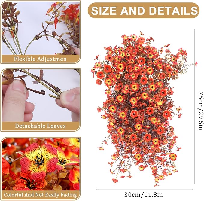 Outdoor Artificial Fall Flowers 6PCS, All Weather Fade Proof, UV Resistant Waterproof Realistic Faux Silk Mums Daisies Orange & Sunset Red for Hanging Planters Porch Patio Balcony Deck & Garden Decor