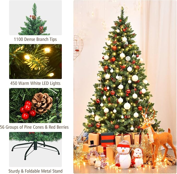 GOFLAME 6.5 FT Pre-Lit Christmas Tree with 1100 Branch Tips, Premium PVC Needles, Hinged Artificial Christmas Tree w/Sturdy Metal Stand, Pine Cones and Red Berries for Home, Office, Shops and Hotels