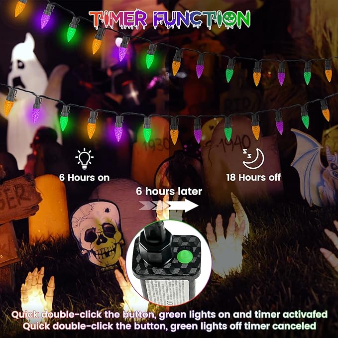 2 Pack C6 Halloween Lights Outdoor Indoor, Total 200 LED 66 FT Connectable Halloween String Lights with Timer & 13 Modes, Waterproof Twinkle Light for Horror Party Decor (Orange, Purple and Green)