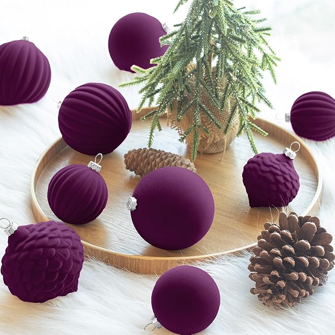 KI Store Velvet Ornaments for Christmas Tree Magenta Purple 25pcs Flocked Christmas Balls Assortment for Xmas Tree Holiday Decor
