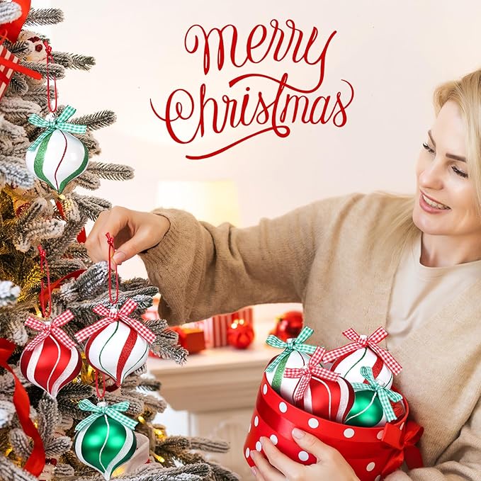 Syhood 24 Pcs Christmas Tree Ornaments, Christmas Ball Decorations Set, Shatterproof Baubles Xmas Tree Hanging Decor, Peppermint Candy Ball Red White Green Stripes Party Holiday(Bright,2.56 Inches)