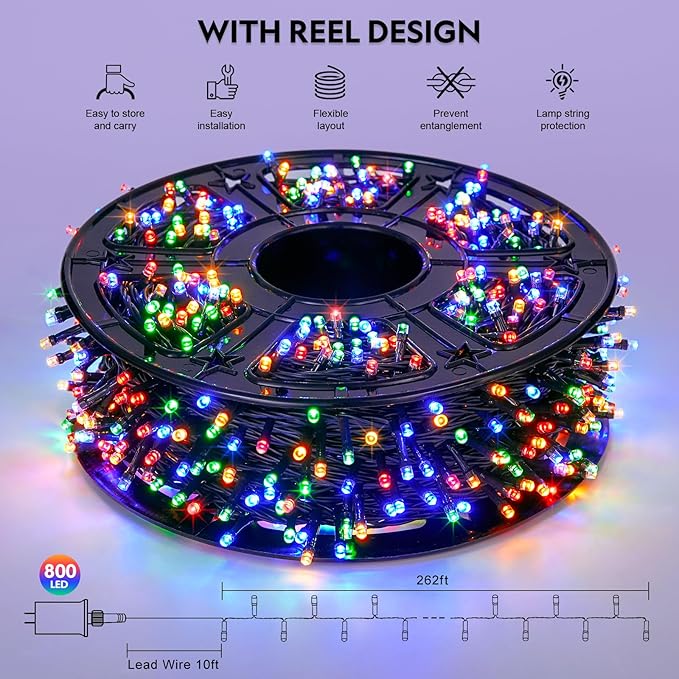 JMEXSUSS 800 LED Christmas String Lights Outdoor, 272ft 8 Modes Multicolor Christmas Lights Plug in, Waterproof Green Wire LED Christmas Tree Lights for Indoor Tree Xmas Decor