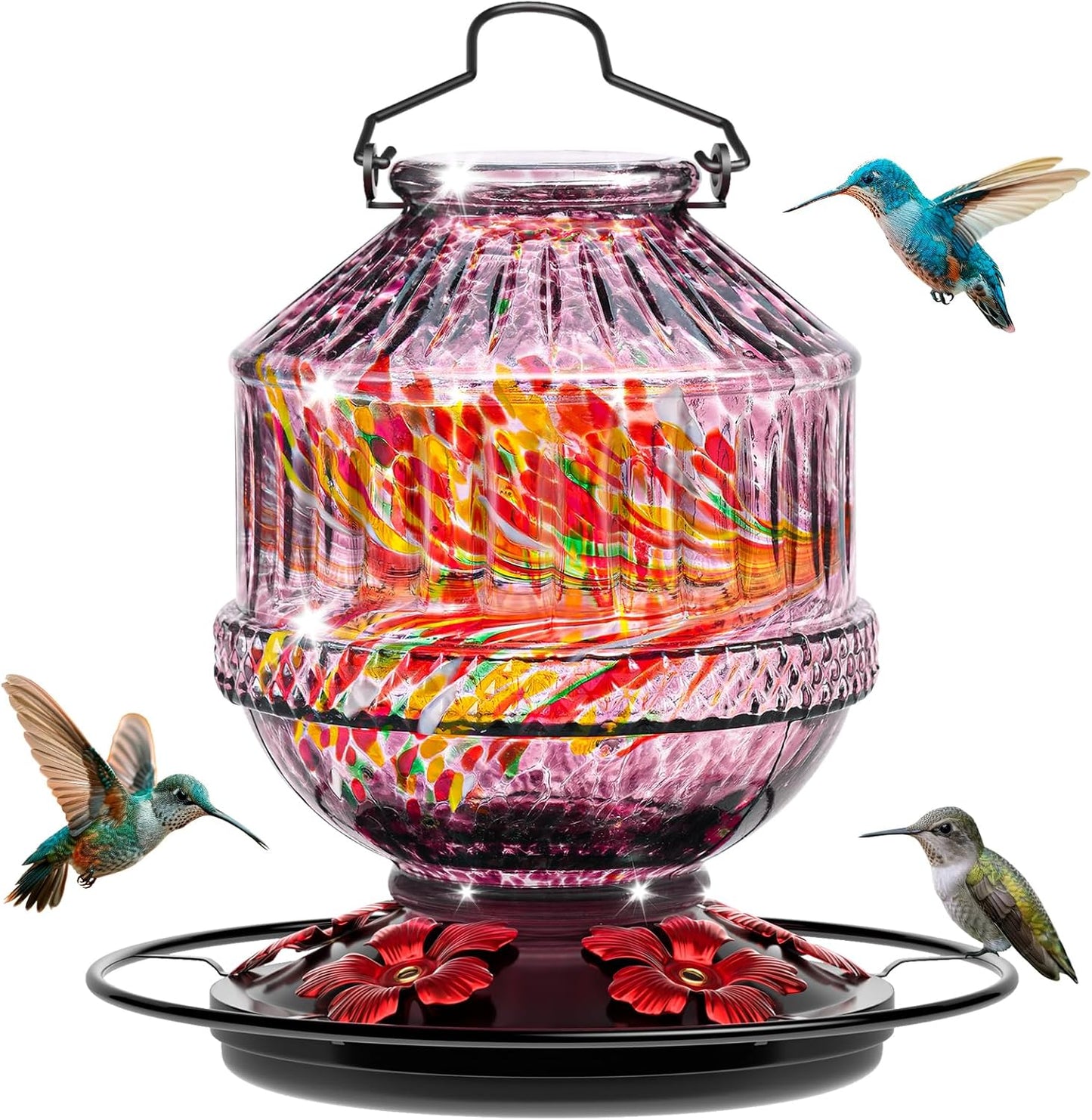 Hand Blown Glass Hummingbird Feeders for Outdoors, 25 Ounces Wild Bird Nectar Feeder with Perch & 5 Flower Feeding Ports Leak Proof Hanging for Garden Backyard Decor, Gifts for Women Mom, Purple