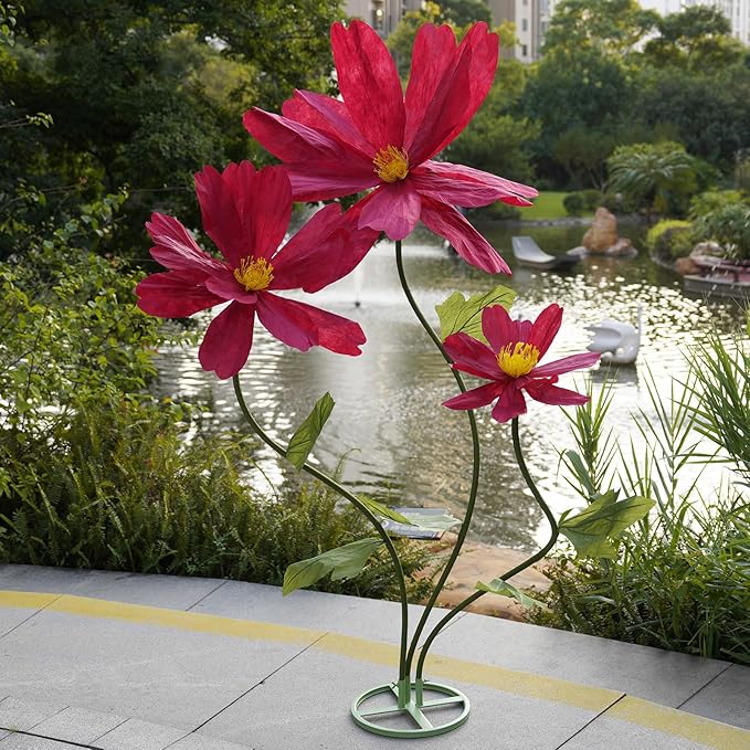 Artificial Giant Flowers for Decoration,Large Paper Daisies Flowers with Stems and Stands Base,Big Flower Decor for Wedding Birthday Party Garden, Party Banquet Background Decor (red)