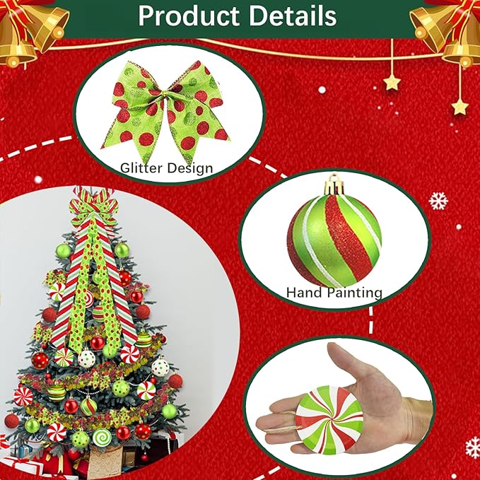 Christmas Tree Decorations Set,Christmas Ball Ornaments Glittering Plastic Hanging Decorations Elf Balls,Large Tree Topper Wreath Bow,Candy Peppermint Wood Ornaments (Red and Lime Green)