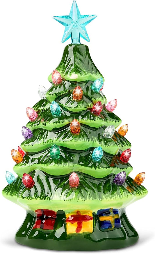 Joiedomi 7" Ceramic Christmas Tree with Gift Box, Mini Prelit Tabletop Christmas Tree with Multicolored Bulbs for Best Desk Decoration