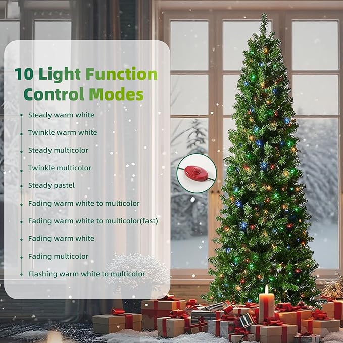 7.5ft Pre-Lit Slim Christmas Tree Douglas Fir with 186 PE & 610 PVC Branches, Hinged Sections & Metal Stand, 350 Dual Color LED Lights with 10 Modes for Holiday Decoration