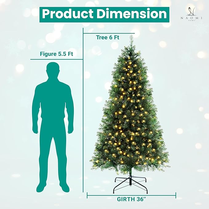 Natalie 6ft Pre-Lit Spruce Artificial Christmas Tree –Hinged PVC Branches, 798 Tips, 250 Warm White Lights, Sturdy for Ornaments, Holiday Décor w/Stable Base