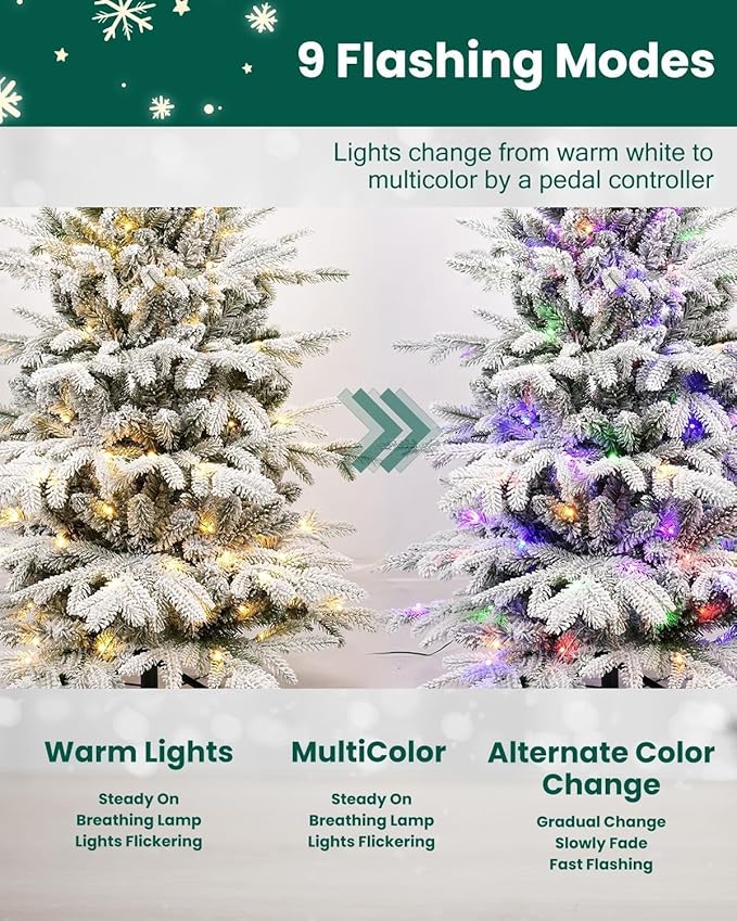 Prelit Flocked Christmas Tree 5 ft Leheyhey Frosted Artificial Christmas Tree with Multicolor Lights &1162 PE PVC Tips, White LED Xmas Tree with Snow, 9 Color Modes, Hinges, Seasonal Decor