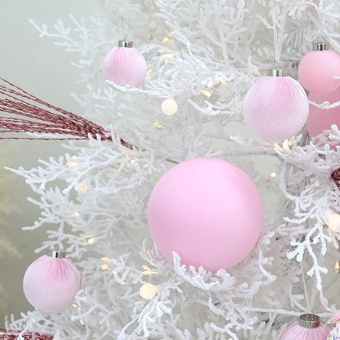 Sea Team 4-Pack Large Flocked Velvet Christmas Tree Ball Ornaments Set, Hanging Velour Baubles, Shatterproof Plastic Decorations for Xmas Tree, Wreath, Garland, 150mm/5.91 Inches, Pink