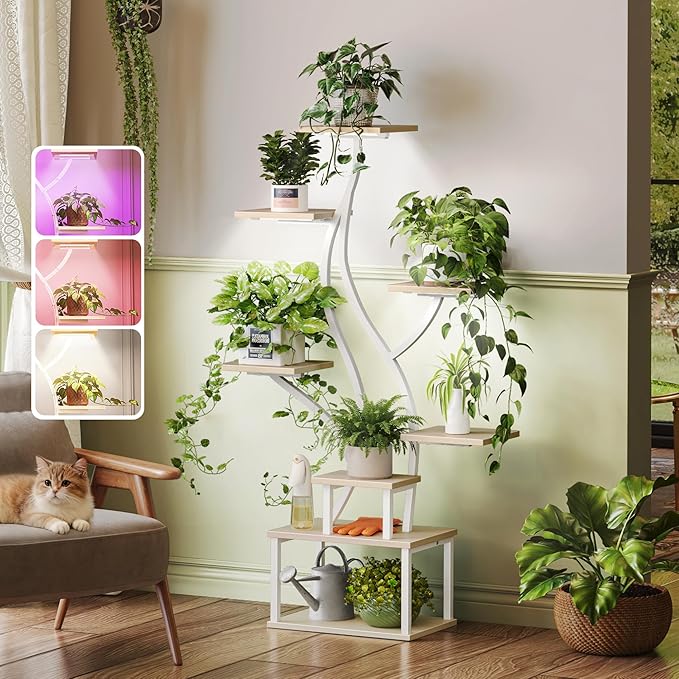 PRAISUN 51.3 Inch Plant Stand with Grow Light, 6 Tiered Indoor Plant Shelf with Larger Flower Holder, Pine-Shaped Stand, 3 Light Modes, Open Base, Corner Plant Rack for Living Room, Oak and White