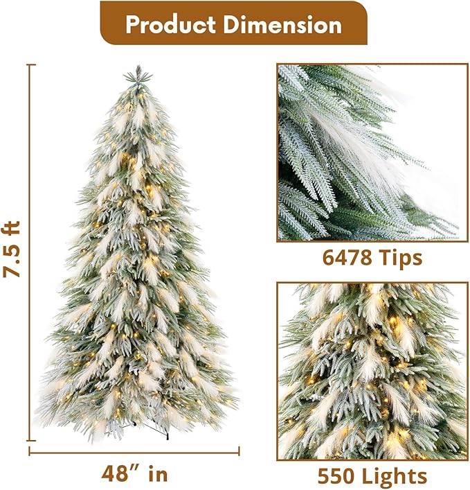 Makenna 7.5ft Snow Flocked Feathery Frosted Prelit Artificial Christmas Tree with 6478 Pampas Tips, 550 Warm Lights and Metal Stand, 48" Wide Realistic Snow Flocked Pine Christmas Tree with Lights