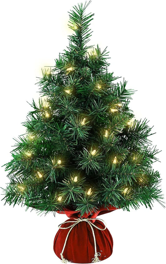 Tabletop Mini Christmas Tree 22 Inch - Mini Artificial Christmas Tree with 35 Warm White Lights, 75 Branch Tips & Red Cloth Bag Base, Perfect DIY Christmas Decorations, Green