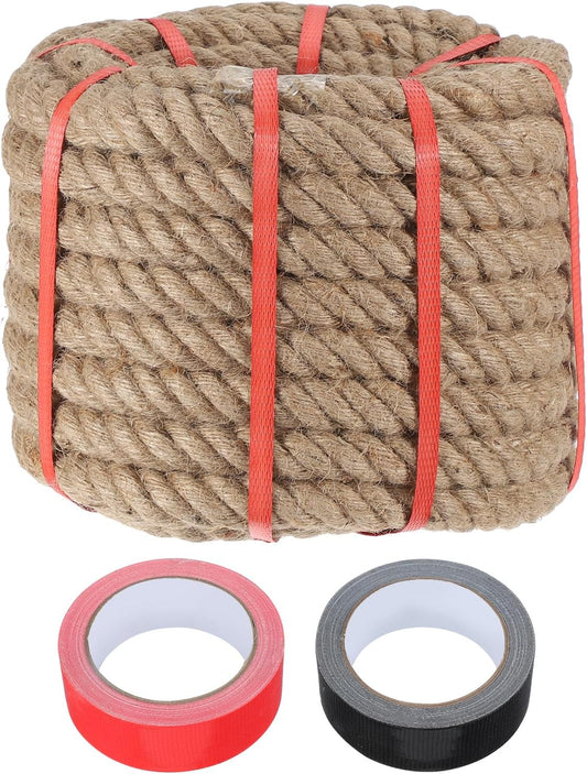 MECCANIXITY Jute Rope 1 Inch x 49ft, Thick Twine Rope Ropes Braided Jute Twine Natural Brown Burlap Cord String Heavy Twisted with Tapes for Decorative Crafts Railing Swing Tug of War