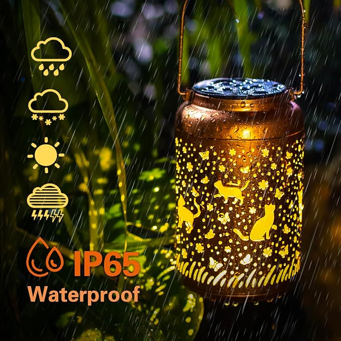 Cat Solar Lanterns Outdoor Hanging Waterproof Solar Lights Cat Gifts for Women Men Metal Decorative LED Lanterns for Outside, Patio, Landscape, Yard Decor, Garden Decorations