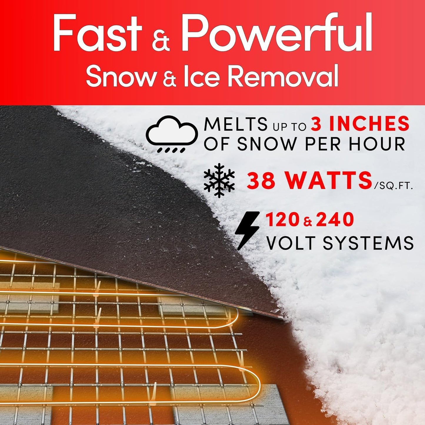 Electric Snow and Ice Melting Underground Cable 43 feet, Covers 14 sqft at up to 38 Watts/sqft, 120V – Radiant Heated Driveways, Walkways, Stairs – Installs Under Concrete, Asphalt, or Pavers
