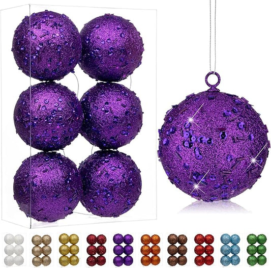 3.15" Large Christmas Balls Ornaments 6 Pcs Shatterproof Big Purple Christmas Ornaments for Xmas Tree Bulk Glitter Big Xmas Tree Ornament for Trees Halloween Holiday Wedding Party Decoration
