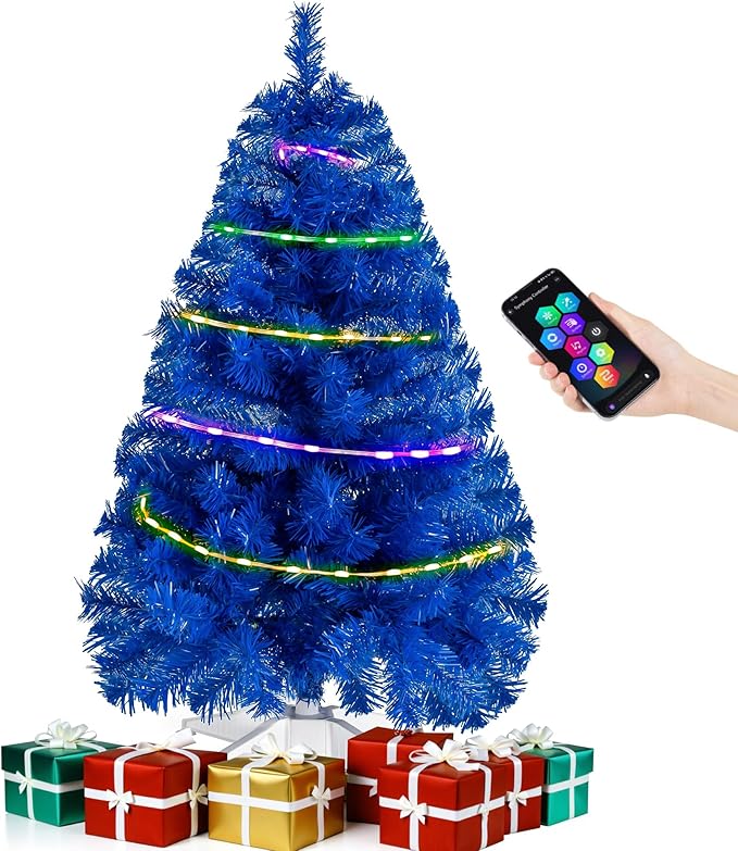 Blue 3ft Christmas Tree with Lights, Small 36inch Artificial Tree Mini Table Top Decorations, Xmas Desk Tree with 80 Colored Lights, 200 Branch, Holiday Decor for Home,Indoor Office Tabletop