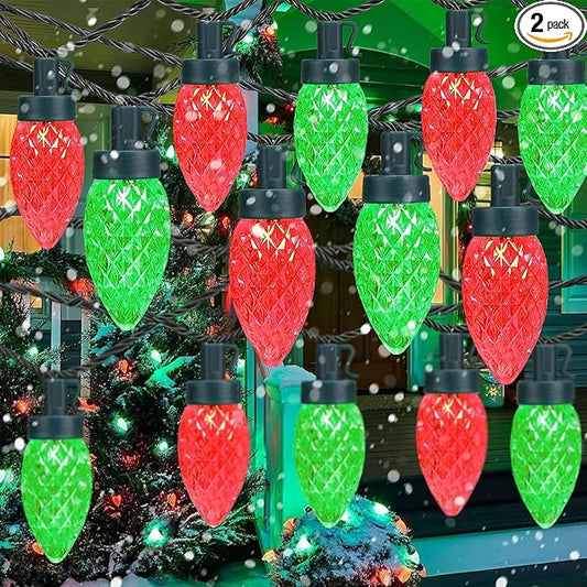 KAQ 2PK 100LED Red and Green C9 Christmas Lights Waterproof Indoor Outdoor, Extendable 98FT String Lights Plug in with 13 Lighting Modes, C9 Christmas Decorations for Party Patio, Outside Yard Decor