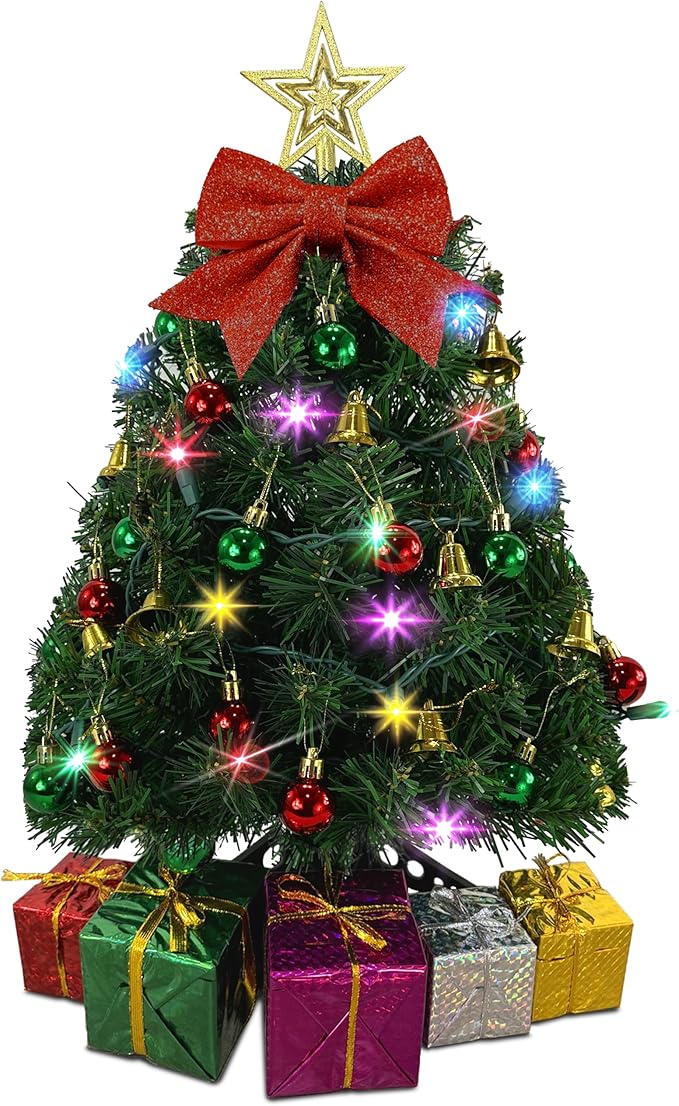 Small Christmas Tree with Lights - 23 Inch Mini Tabletop Christmas Tree with Multi-Color LED Lights, Hanging Ornaments, Decorative Bow and Gift Boxes - Prelit Table Tree for DIY Christmas Decoration