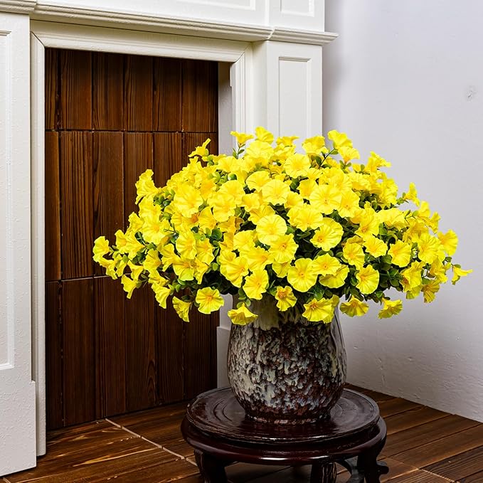 Artificial Faux Flowers for Outdoor 16 Bundles Boxwood Fake Morning Glory for Planter,UV Resistant Fake Flowers for Home Porch Patio Outside（Yellow）