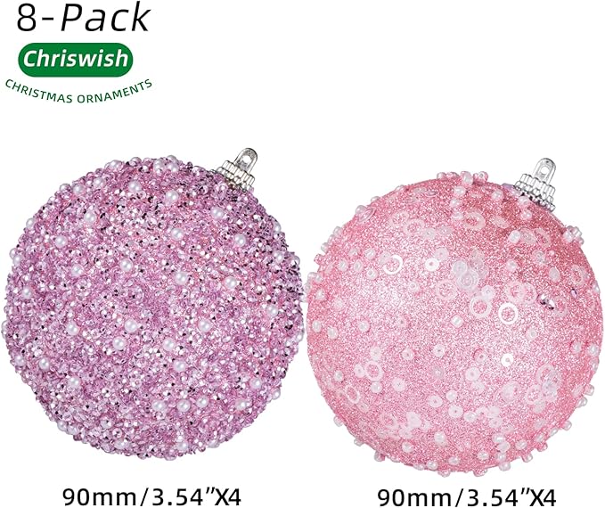 8CT Christmas Ball Ornaments, Pink Christmas Ball Decorations Shatterproof Plastic Hanging Pearl Balls for Holiday Party(90mm/3.54")